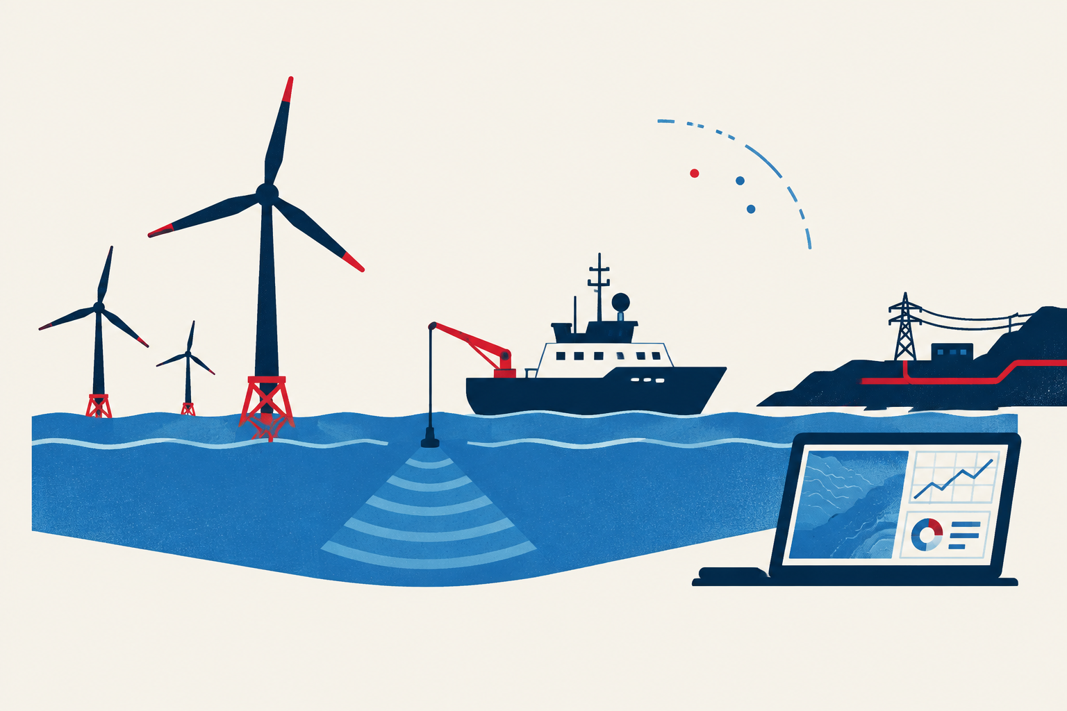 Editorial illustration representing: Canada commits $100M to advance Nova Scotia offshore wind and Wind West