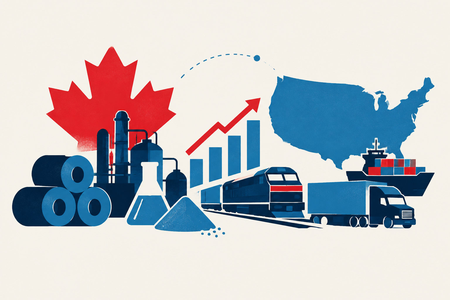 Editorial illustration representing: Canadian manufacturing sales rose in August before latest U.S. tariffs took full effect