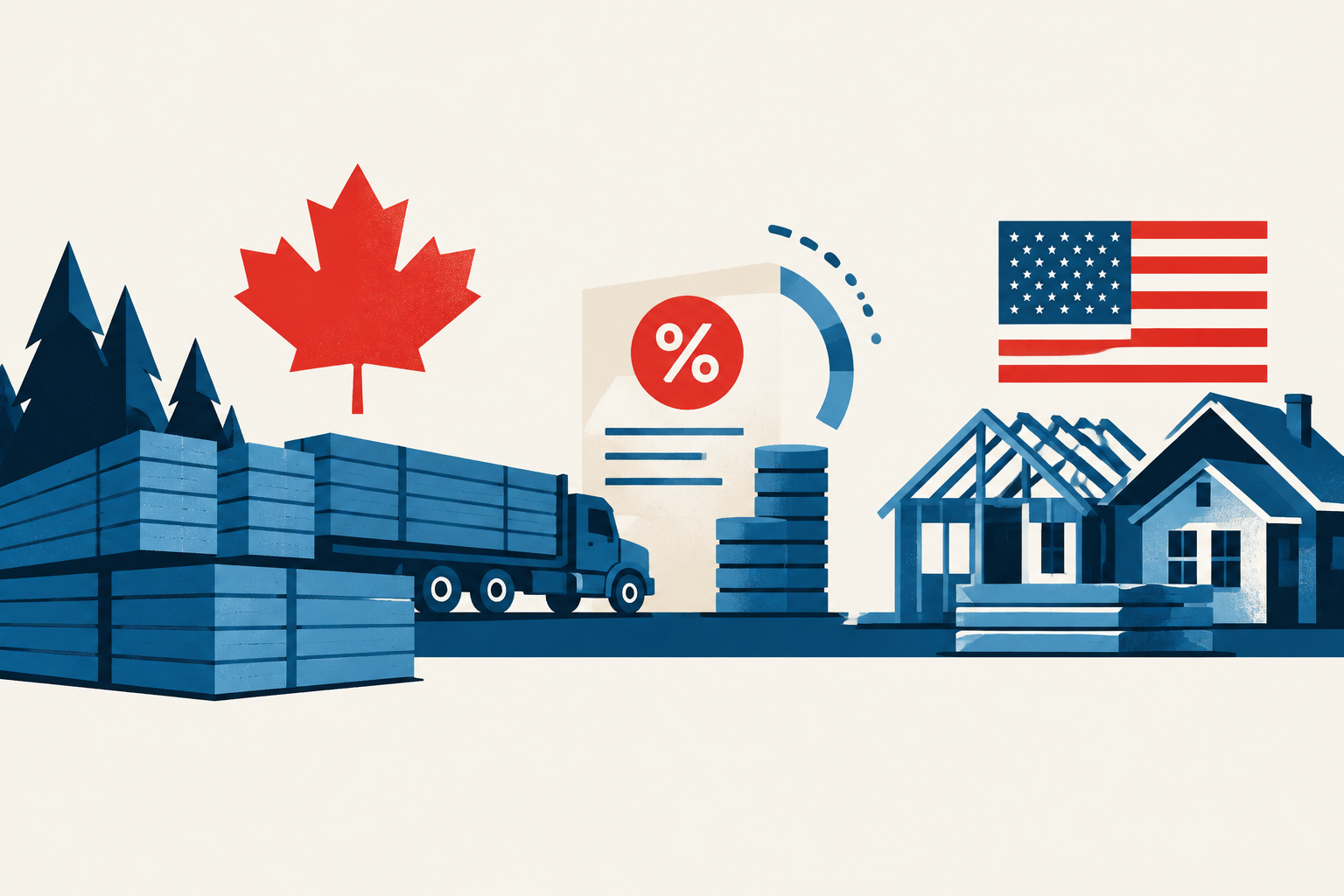 Editorial illustration representing: Latest U.S. lumber review leaves Canadian softwood exports facing nearly 35% in combined import taxes