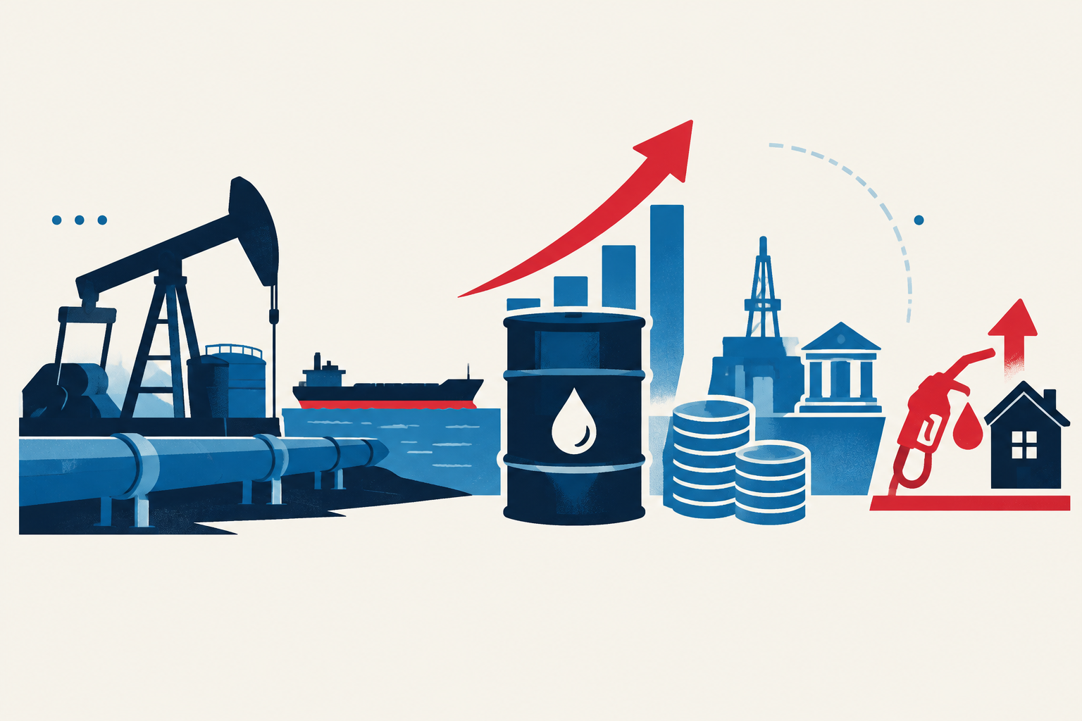 Editorial illustration representing: TD says elevated crude prices provide Canada a net economic benefit despite fuel-cost strain