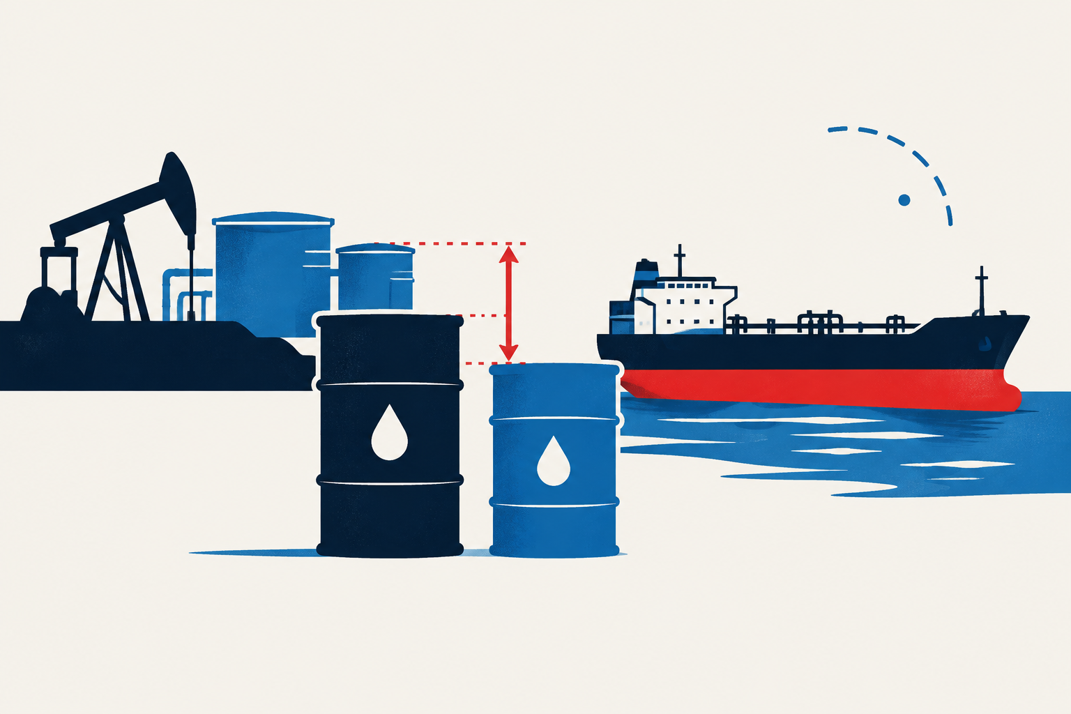 Editorial illustration representing: Alberta heavy crude discount to WTI doubles as tanker constraints reshape export economics