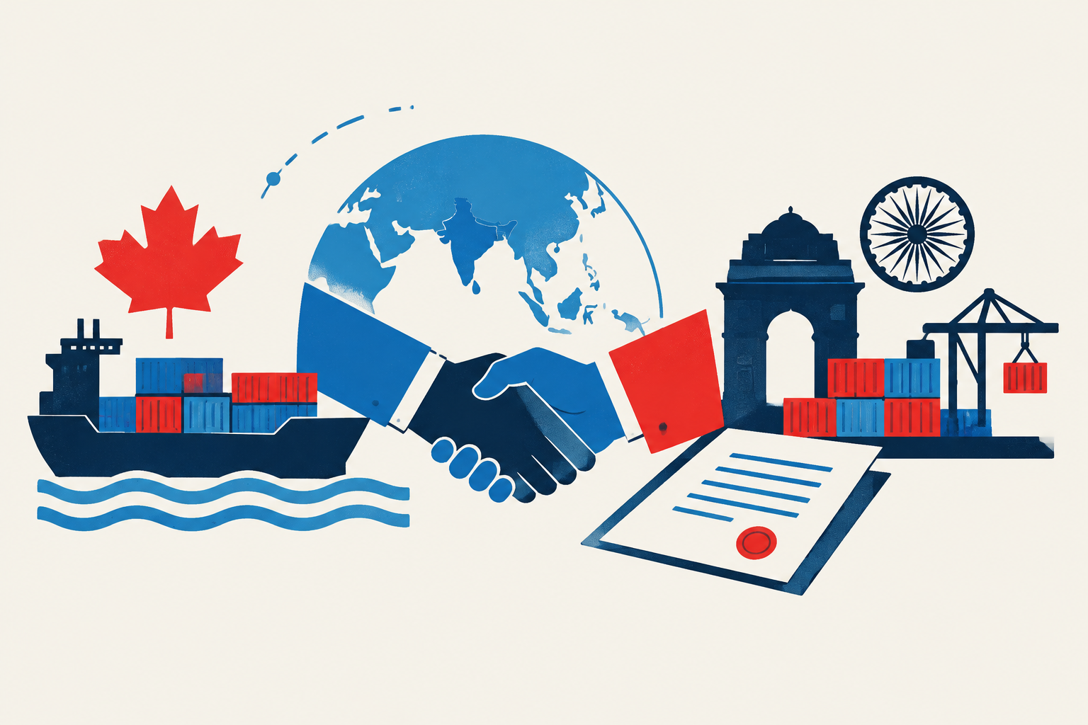 Editorial illustration representing: Canada’s India Trade Mission Ends With Nearly $300 Million in Commercial Agreements