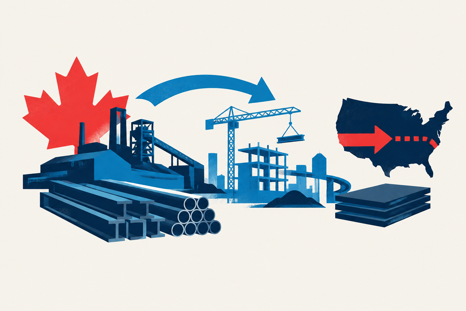 Editorial illustration representing: Canadian steelmakers find partial relief in domestic projects as U.S. market access shrinks