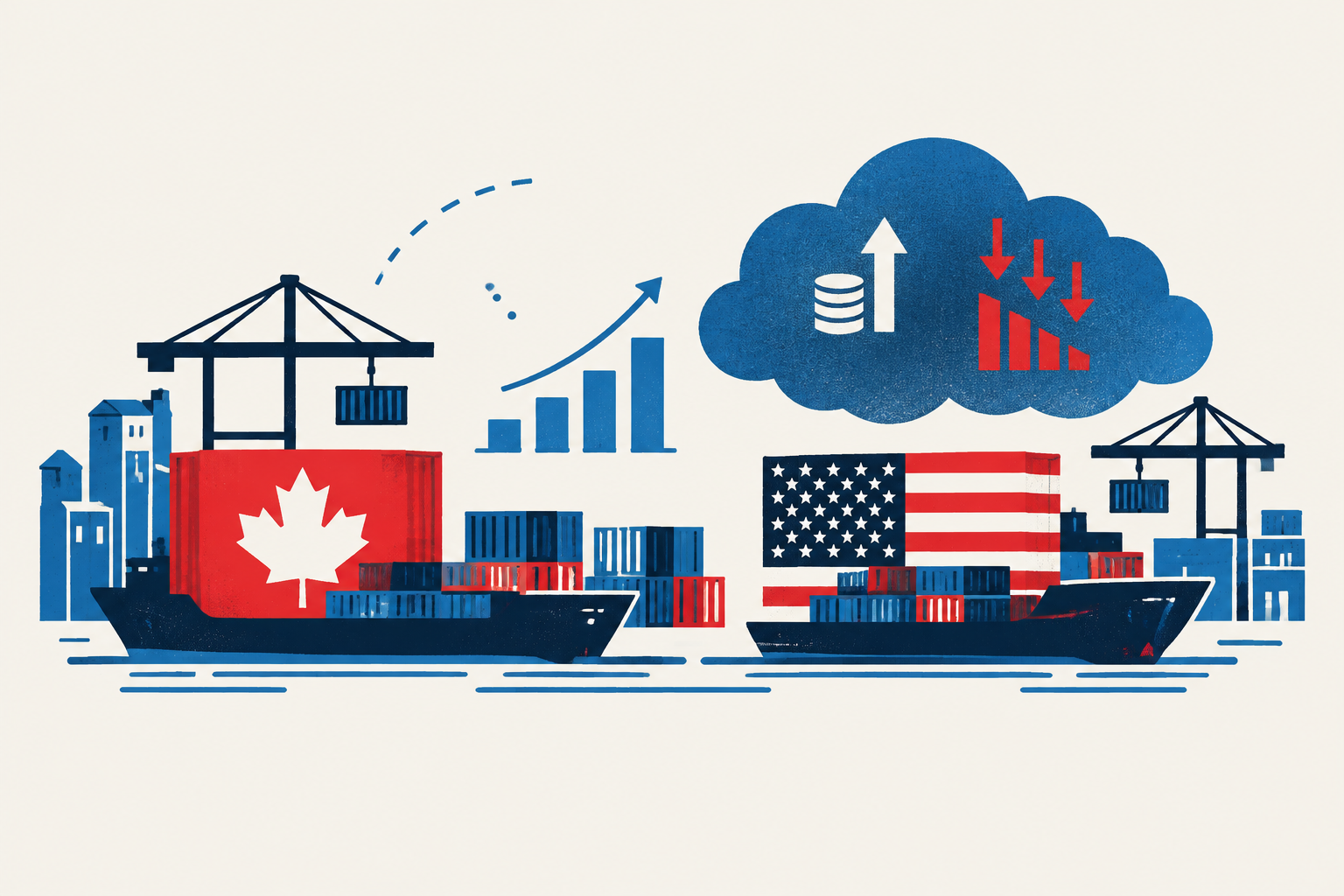 Editorial illustration representing: Bank of Canada says new tariffs are clouding business outlook despite third-quarter sentiment gains