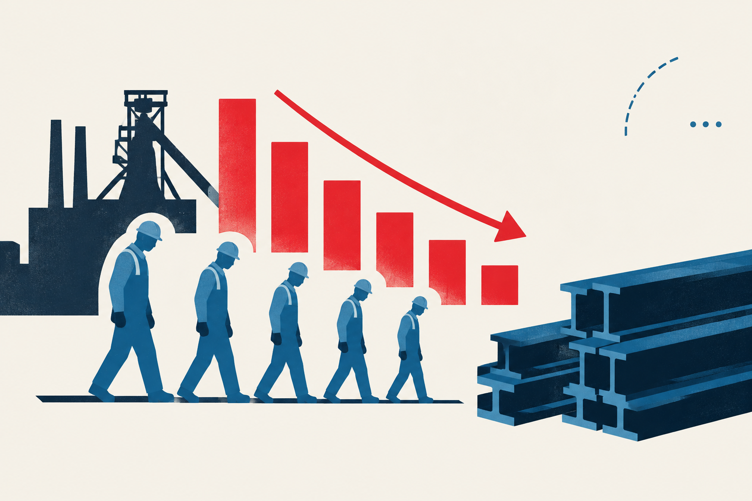 Editorial illustration representing: Canadian primary steel employment roughly halves as Stelco layoffs underscore broader pressure