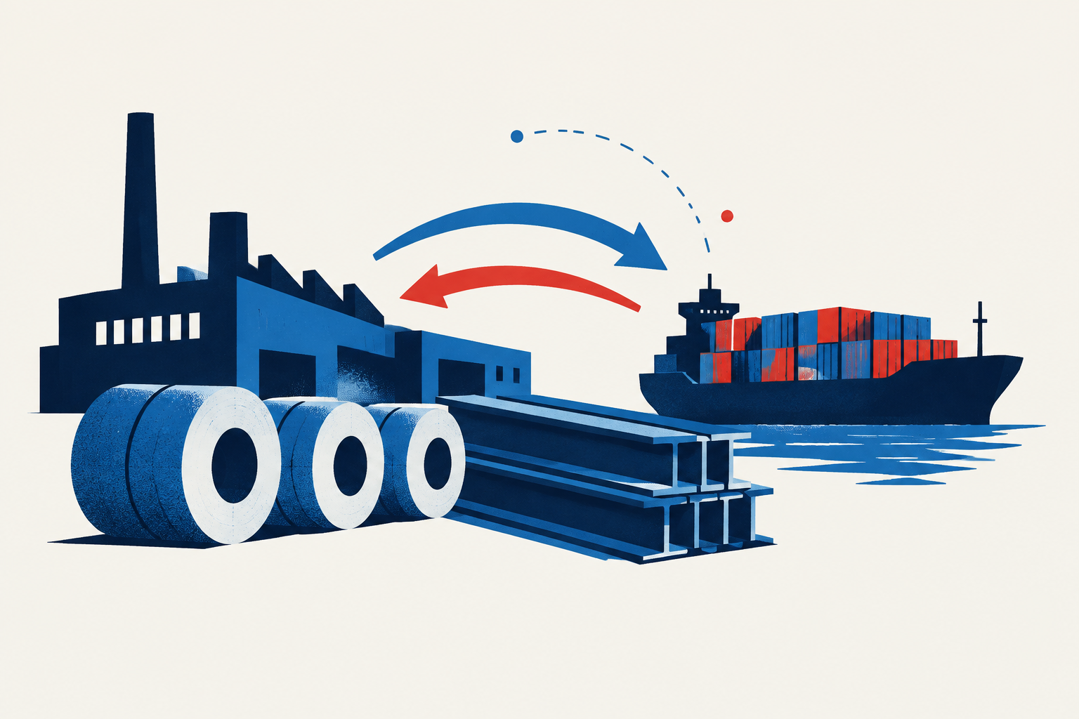 Editorial illustration representing: Cleveland-Cliffs cites Canadian galvanized-steel import pressure as Stelco lines idle