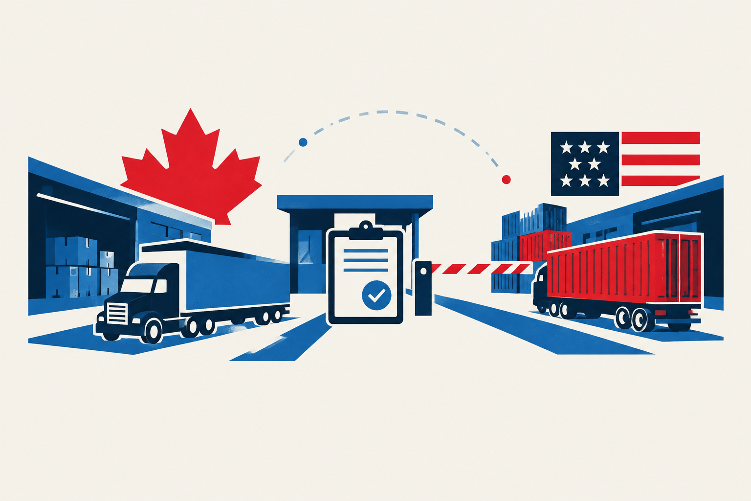 Editorial illustration representing: Mullen Group moves to add cross-border customs brokerage through Willson deal