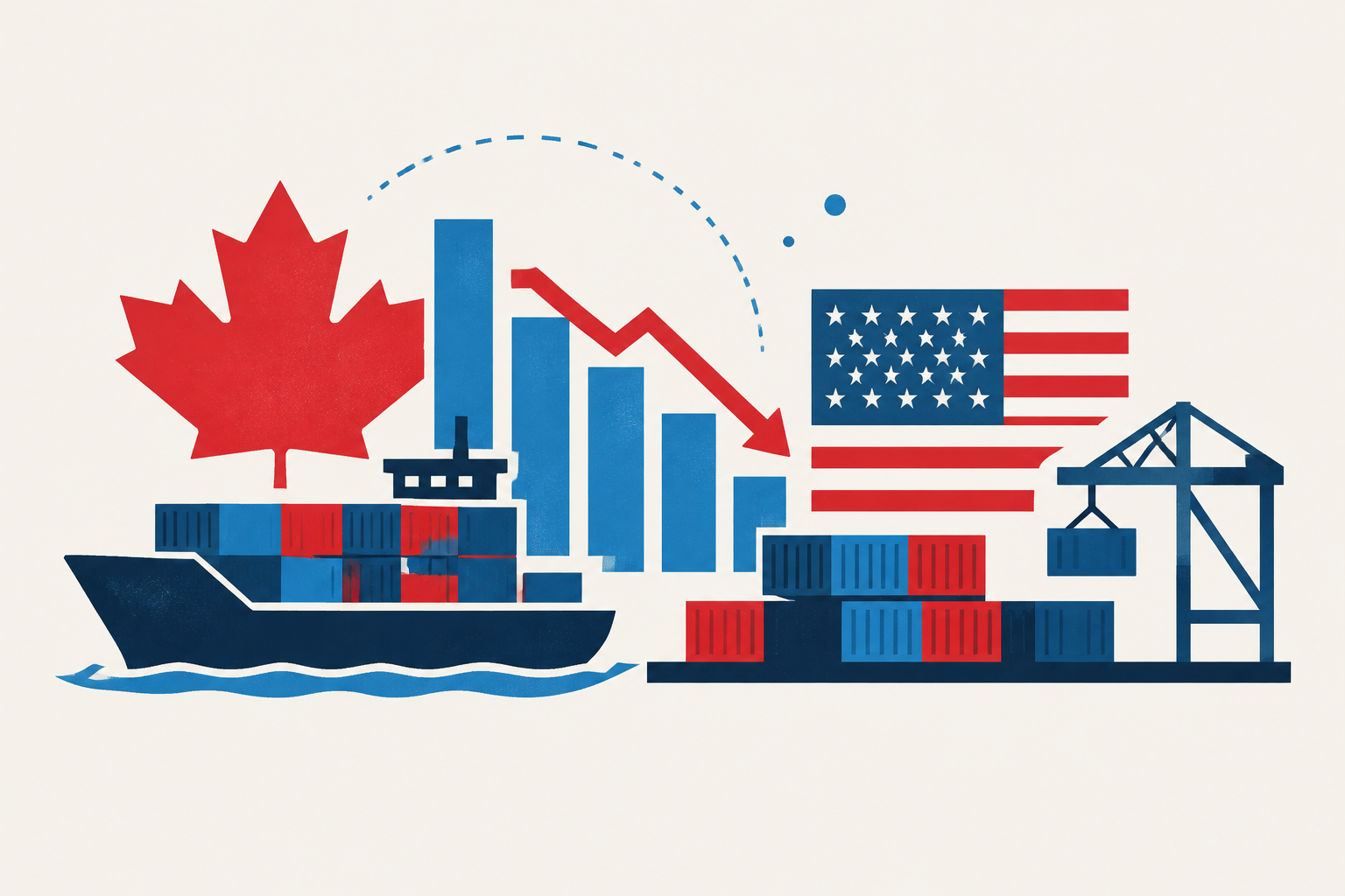 Editorial illustration representing: PBO cuts 2026 and 2027 growth outlook as trade measures cloud Canadian economy
