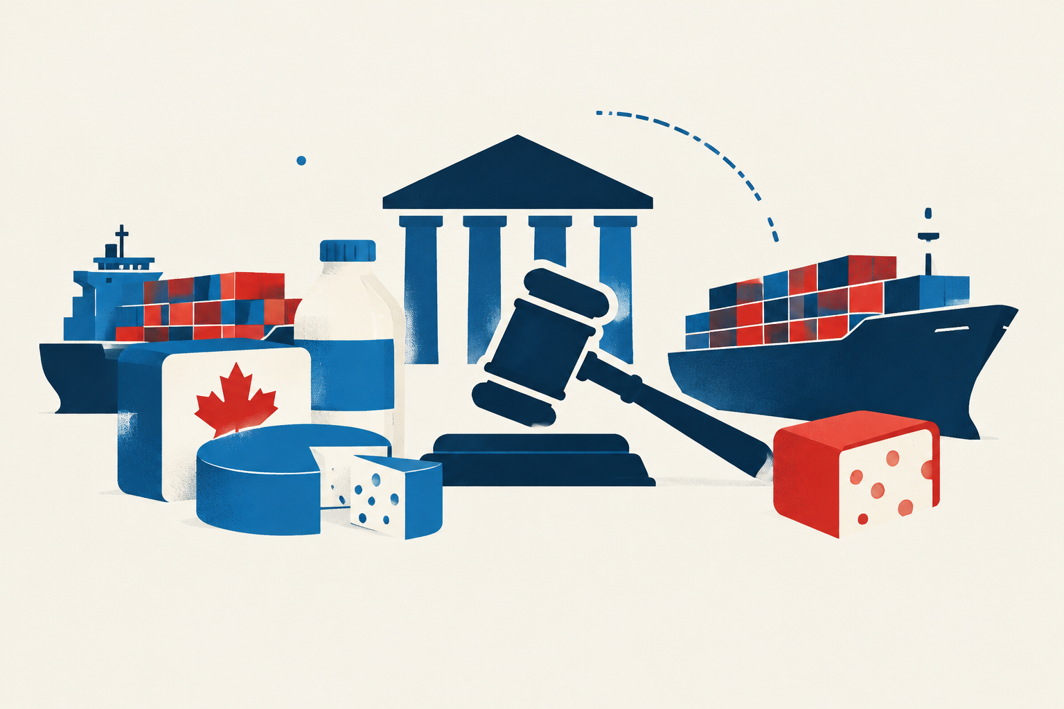 Editorial illustration representing: U.S. Food Importer Challenges 50% Section 338 Tariffs on Canadian Goods