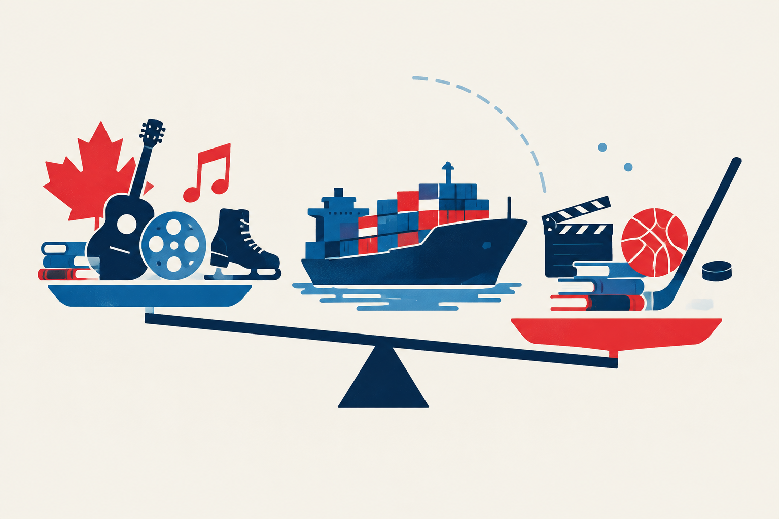 Editorial illustration representing: Canada’s culture and sport trade deficit widens as 2024 imports outpace exports