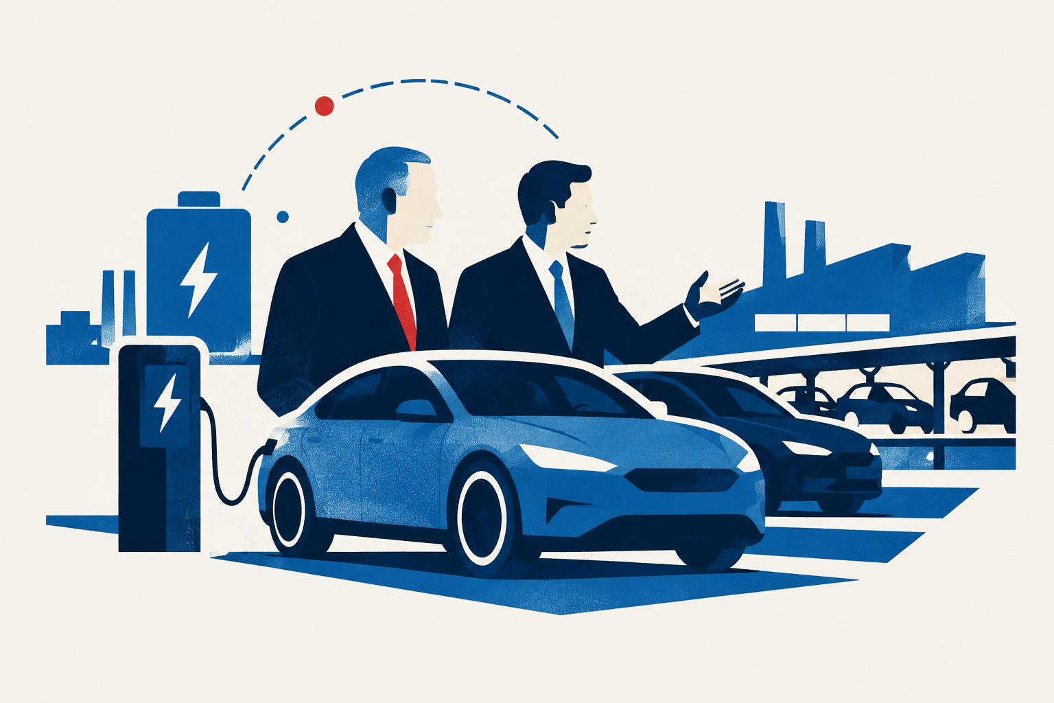 Editorial illustration representing: Carney, Ford expected to unveil clean-auto investment support amid U.S. trade pressure