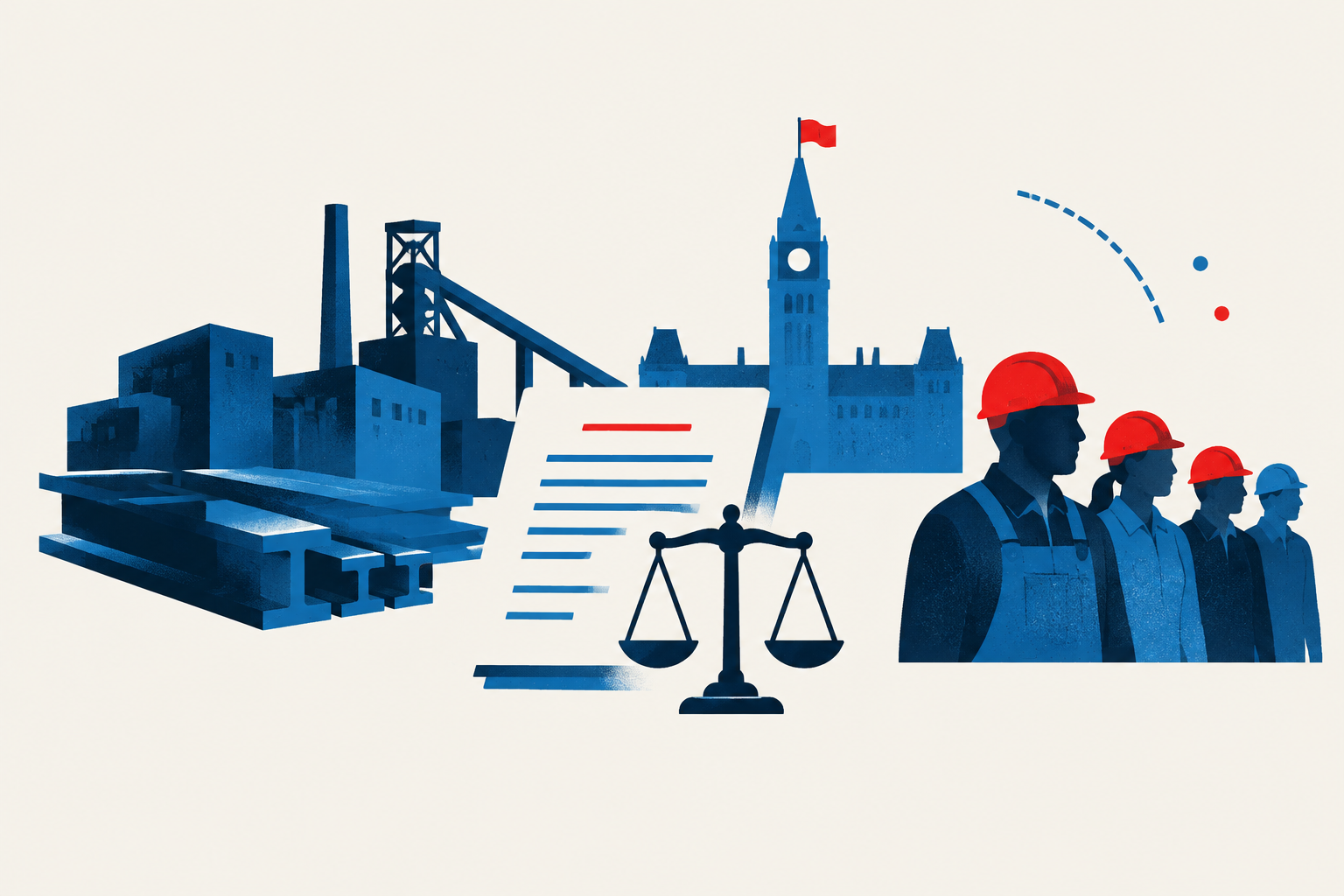 Editorial illustration representing: Ottawa hires legal advisers as Stelco layoffs test job commitments