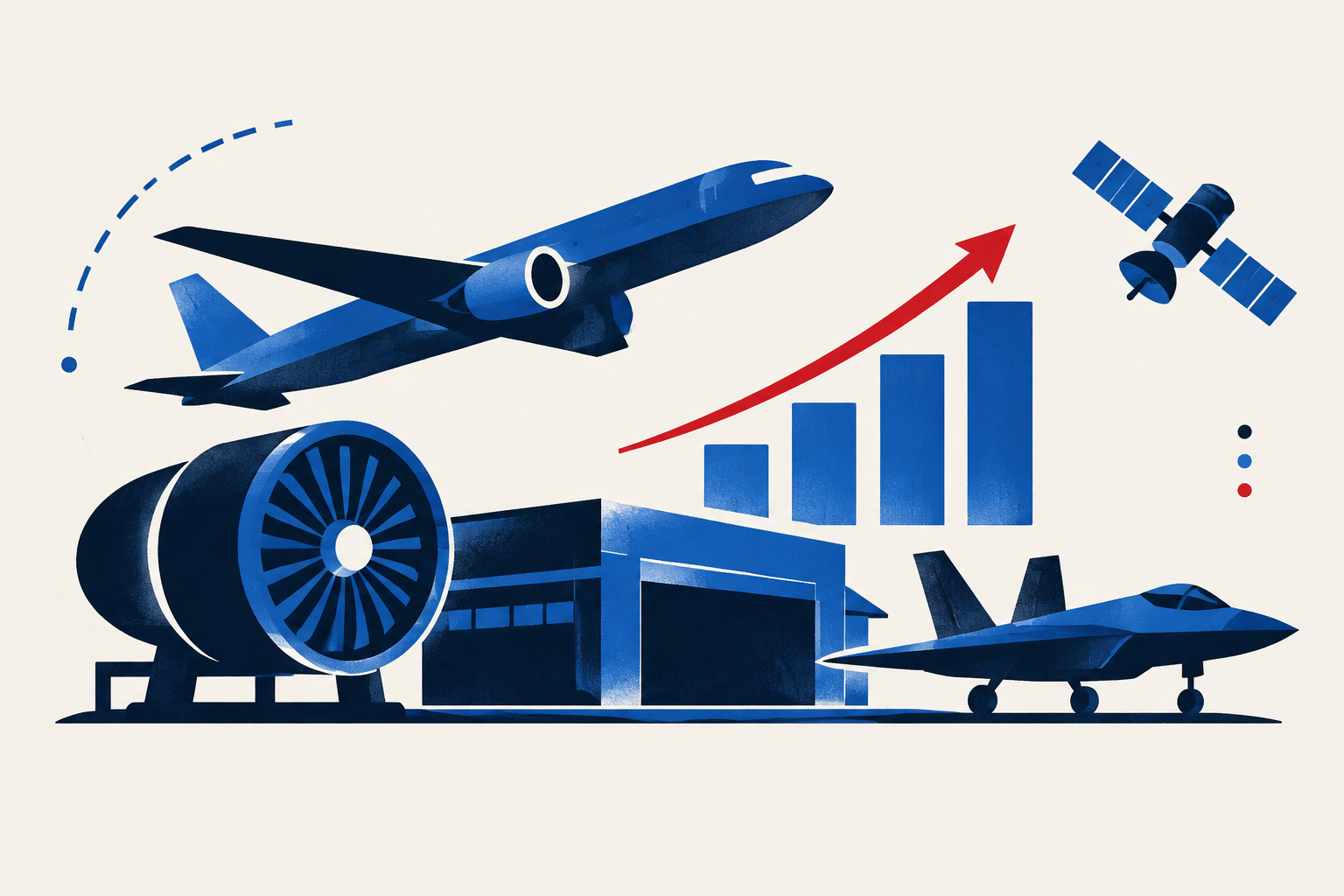 Editorial illustration representing: U.S. aerospace and defence contractors lift 2026 profit outlooks