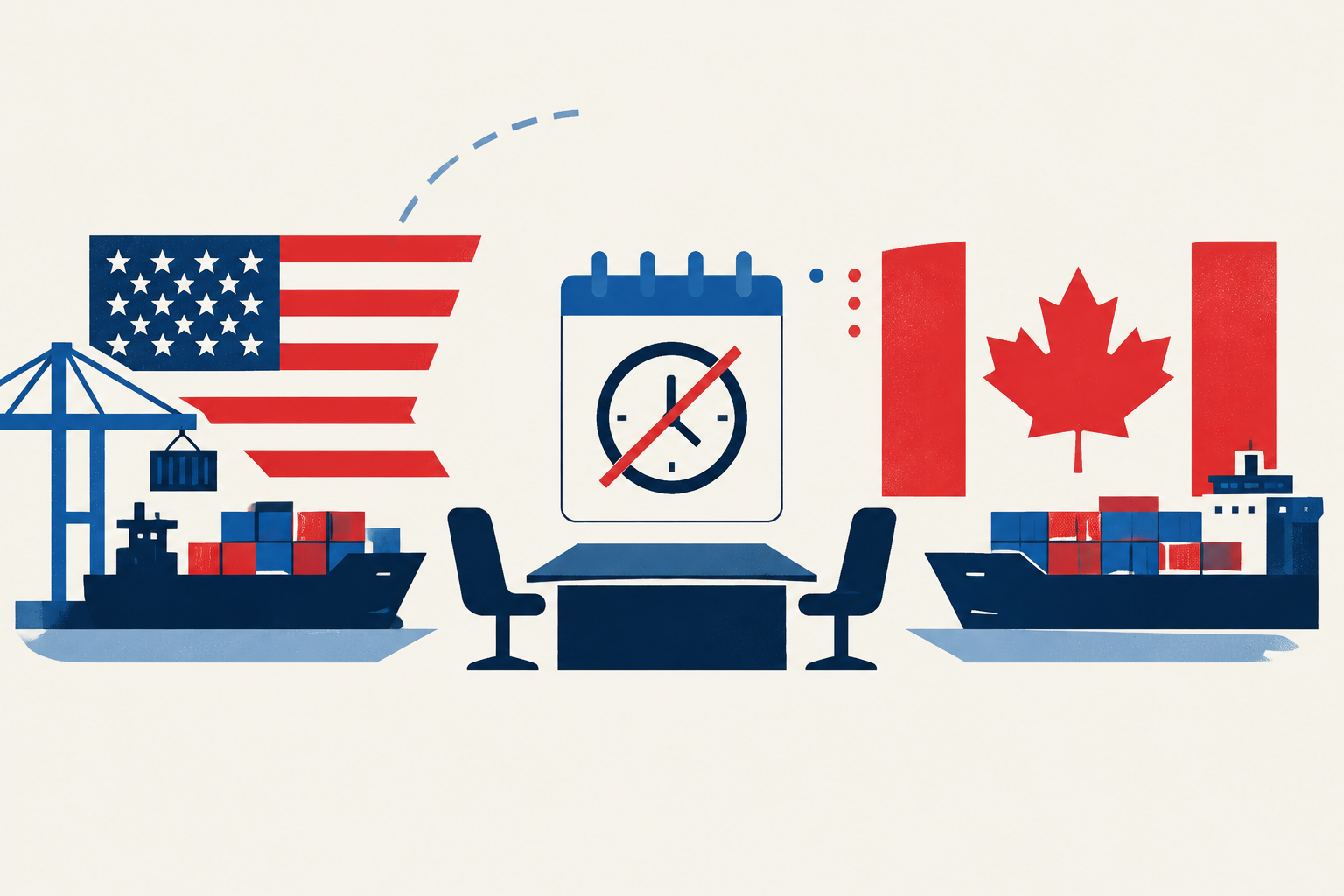 Editorial illustration representing: Canada sees no timetable for resuming formal U.S. trade talks
