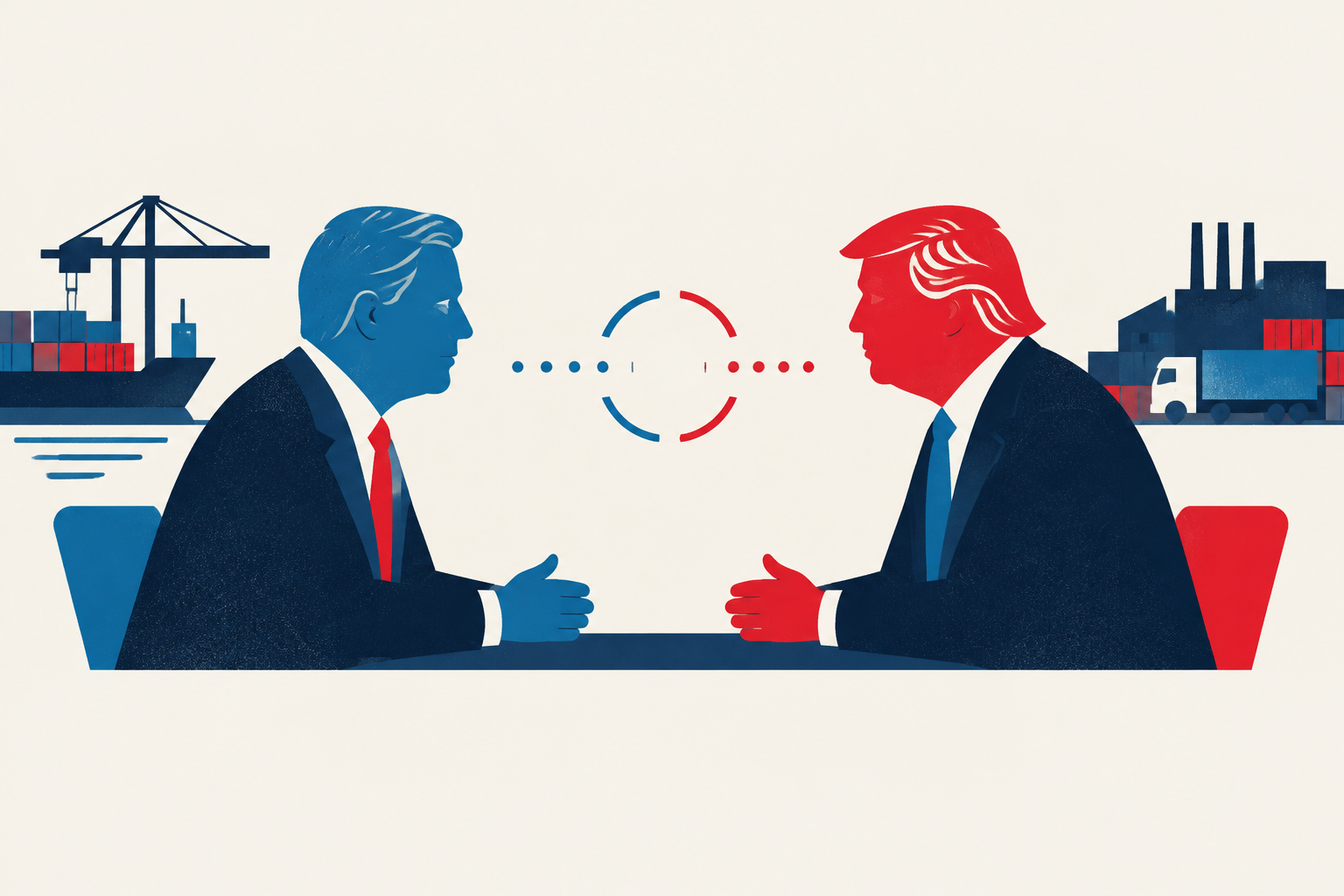 Editorial illustration representing: Carney says he discussed cross-border trade with Trump amid stalled negotiations