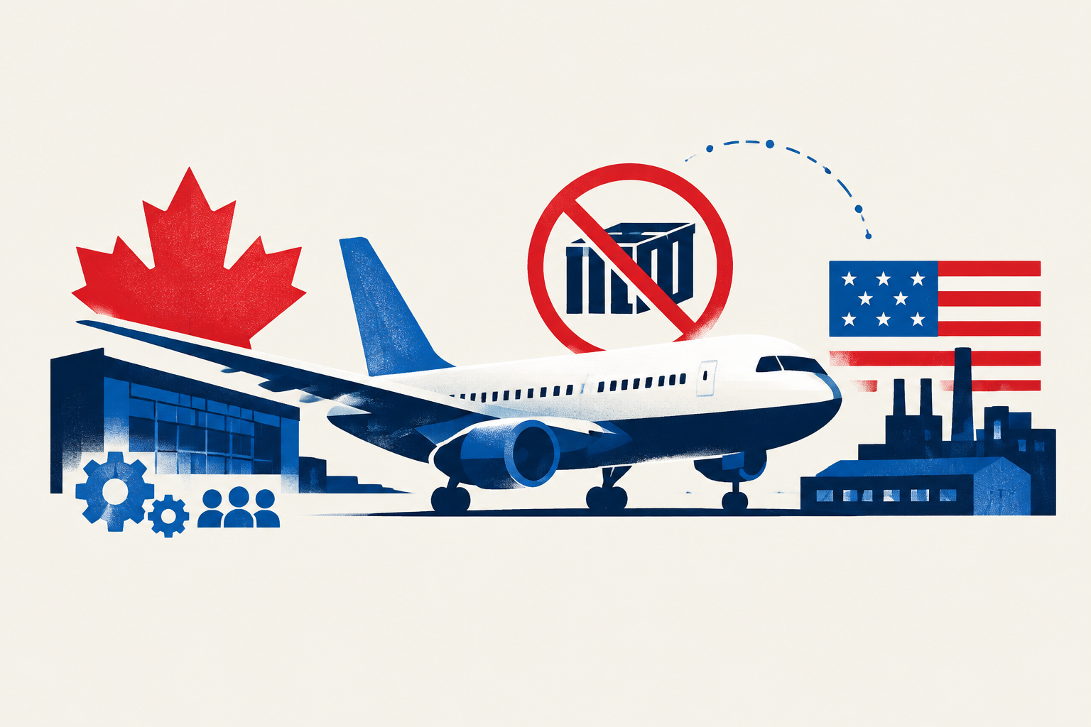 Editorial illustration representing: Trump withdraws Bombardier sales-ban threat after citing U.S. jobs