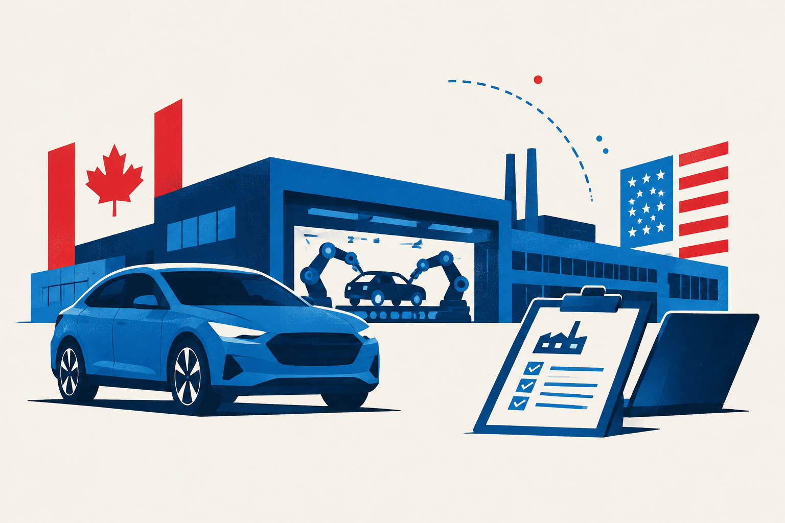 Editorial illustration representing: Chery explores Canadian manufacturing ahead of planned market launch