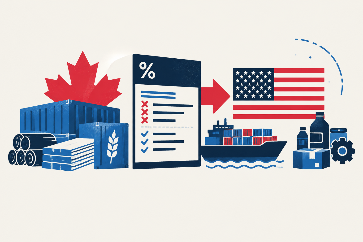 Editorial illustration representing: U.S. narrows Section 338 tariff list for selected Canadian exports