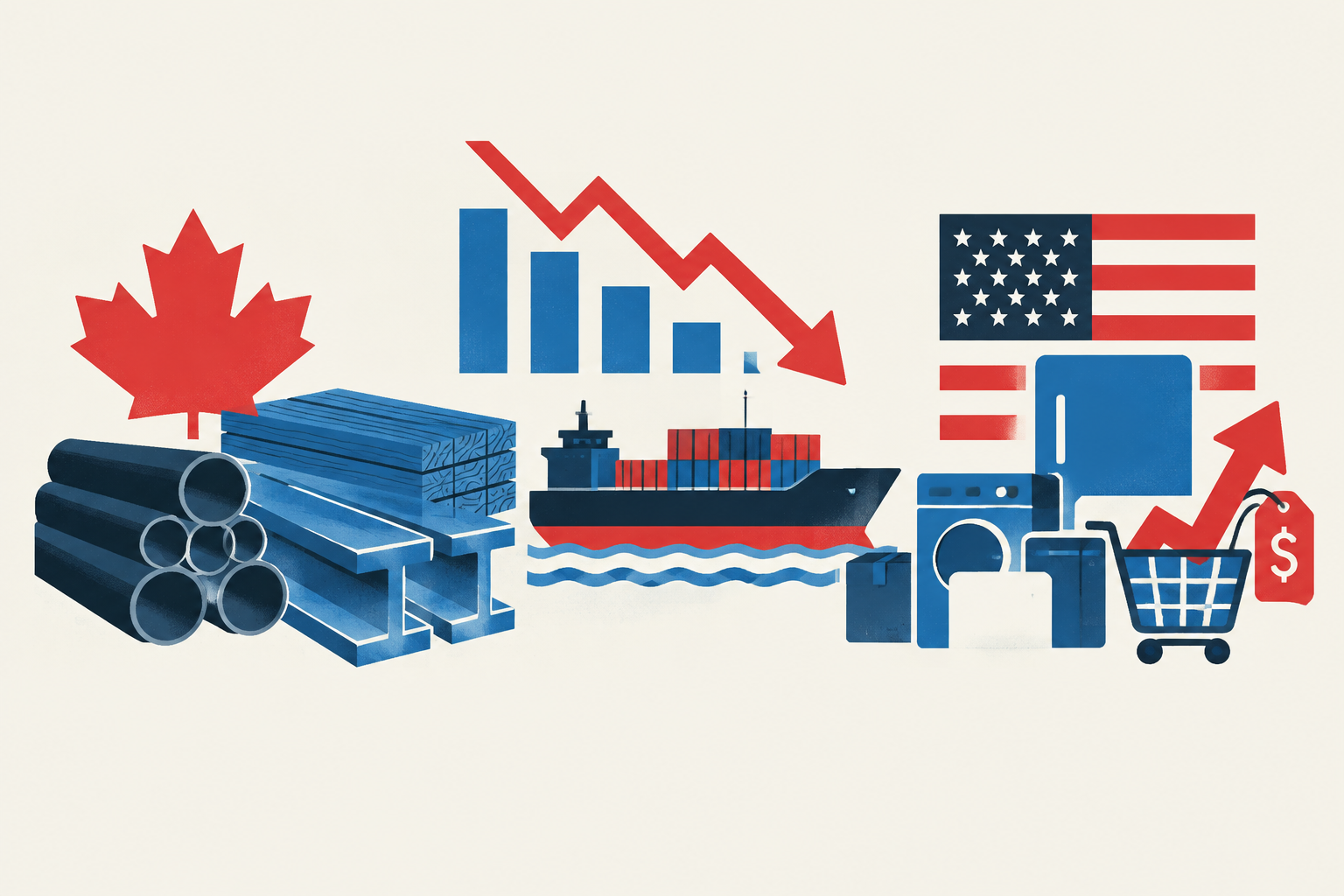 Editorial illustration representing: Canadian tariff impacts deepen as steel and lumber exports fall, prices rise
