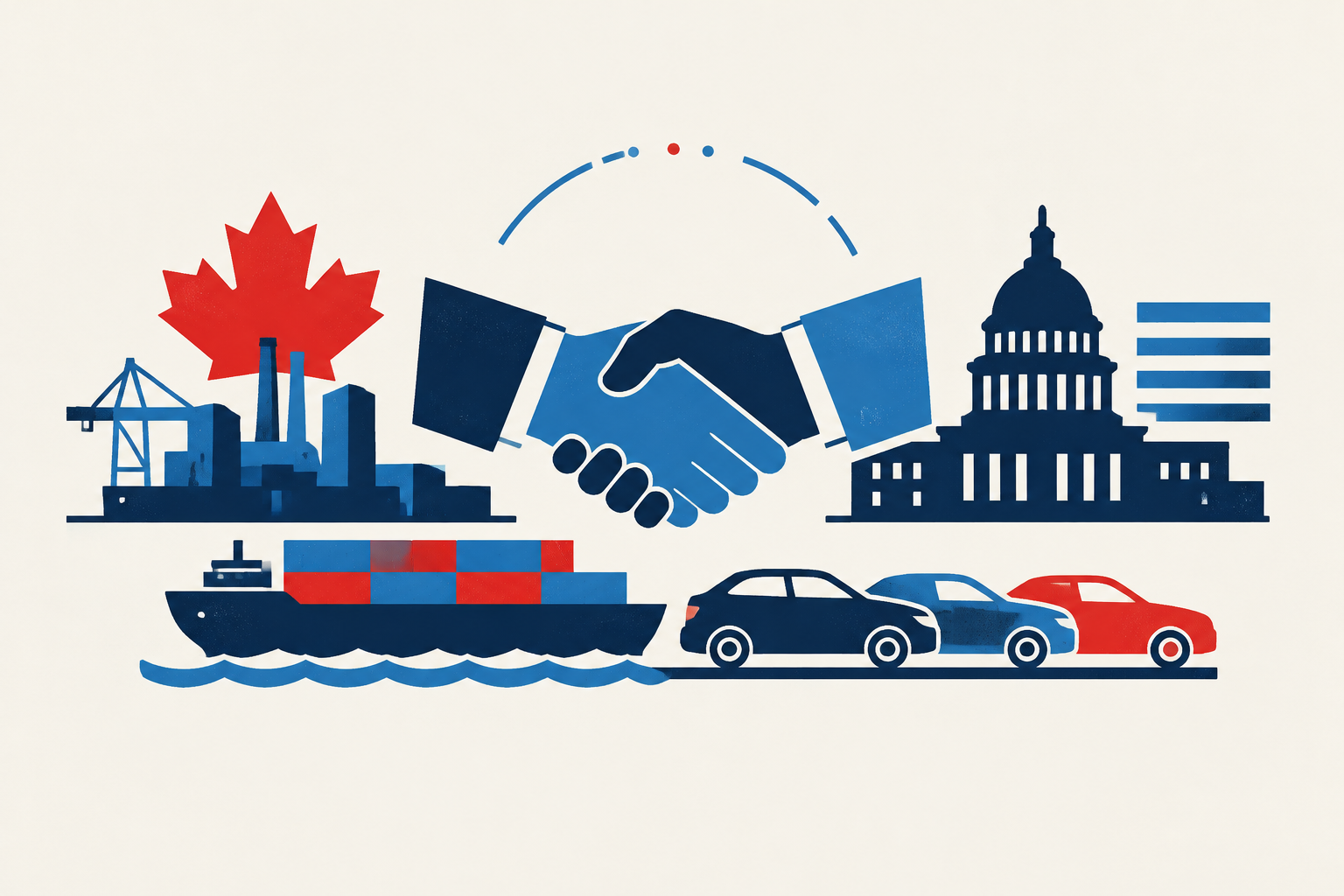 Editorial illustration representing: Canada-U.S. trade talks regain momentum, with auto tariff progress reported possible