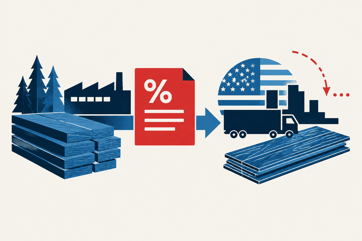 Editorial illustration representing: Flooring producers warn new U.S. tariff list could erase a quarter of Canadian sales