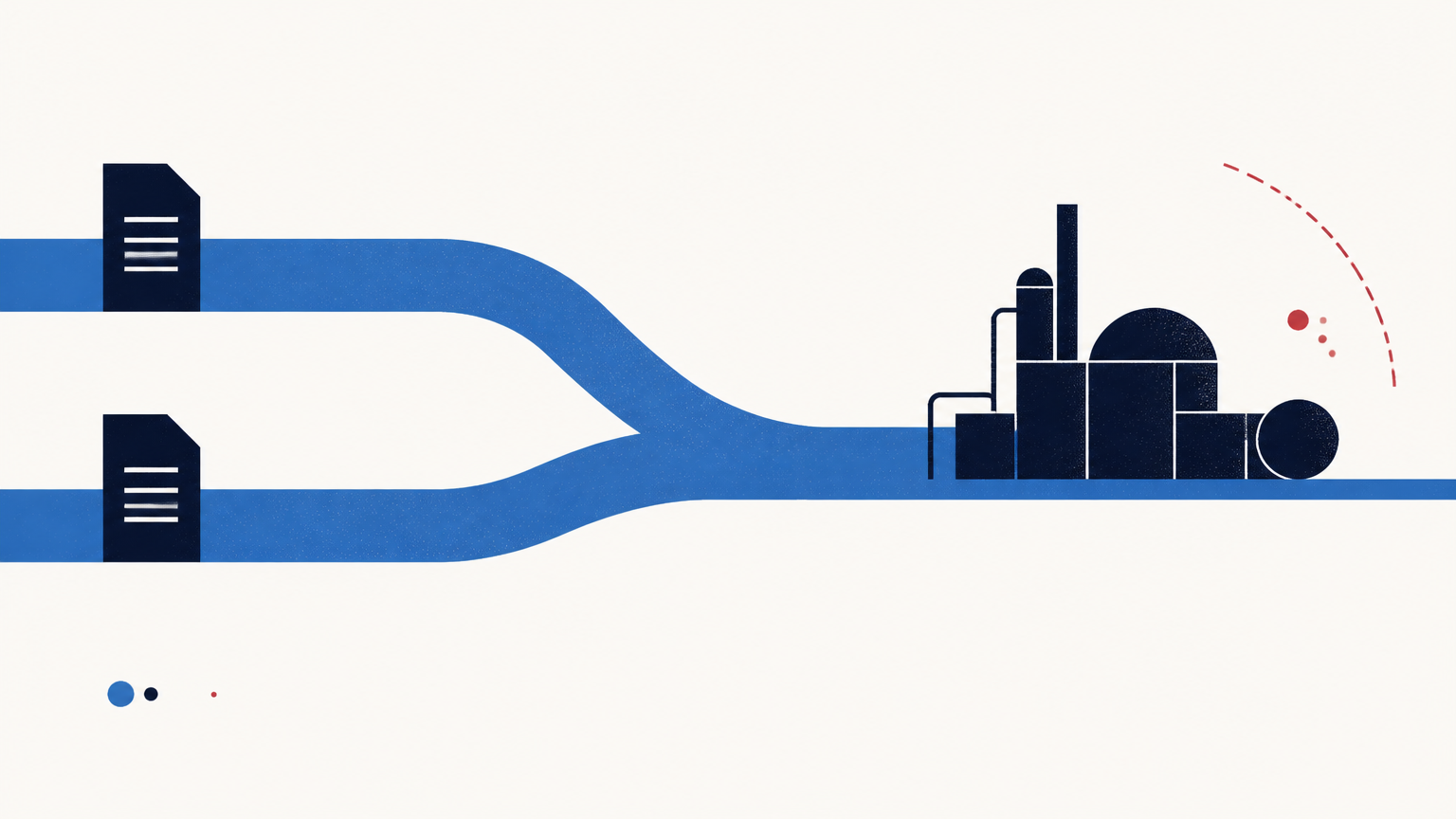 Two blue paths carrying document shapes merge into one beside a simplified navy energy facility.
