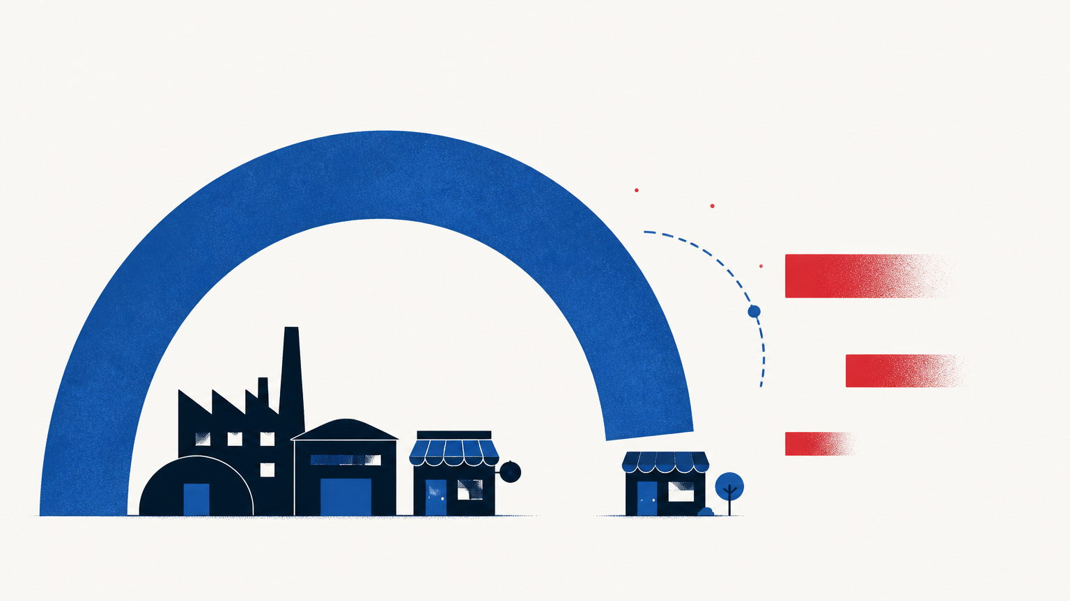 A broad blue arch opens over navy factories and shops, with red pressure marks outside.